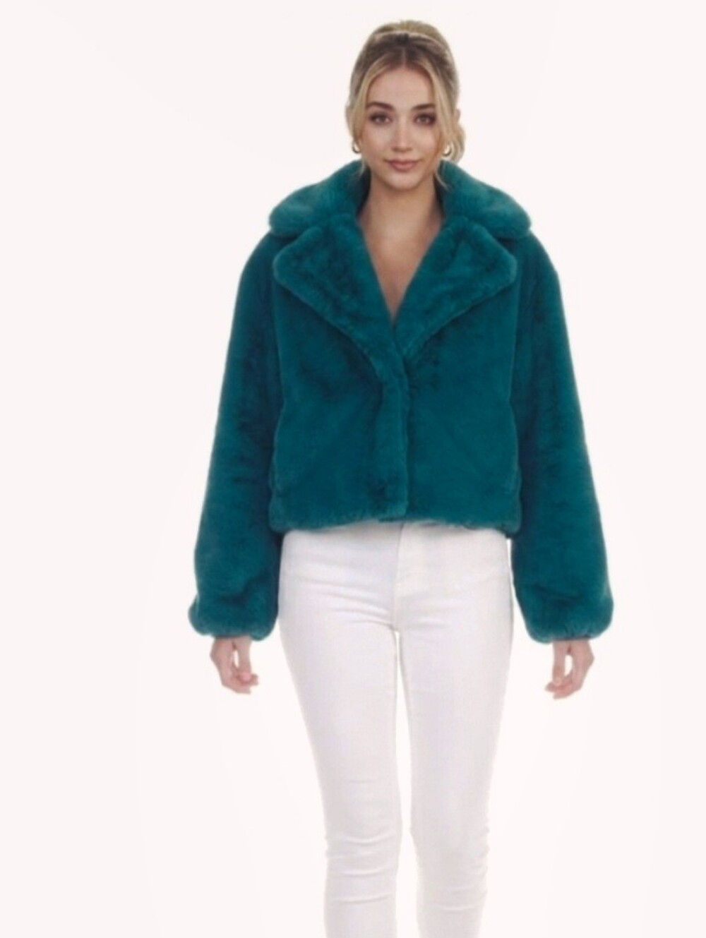 NWT Rain + Rose Sienna Soft Faux Fur Jacket Plush Cropped Dark Teal Blue XL